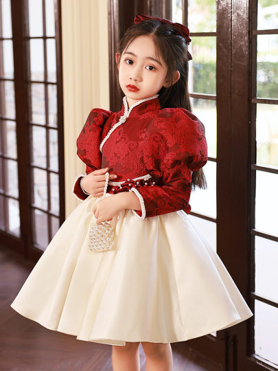 Chinese Style Girls' Evening Dress Hostess Little Girl Piano Performance Dress Red Birthday Children's Princess Dress Autumn and Winter