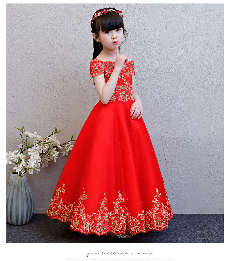 Váy công chúa một vai cô gái váy cưới trẻ em màu đỏ chủ nhỏ trang phục piano mùa hè - Váy trẻ em thời trang trẻ em