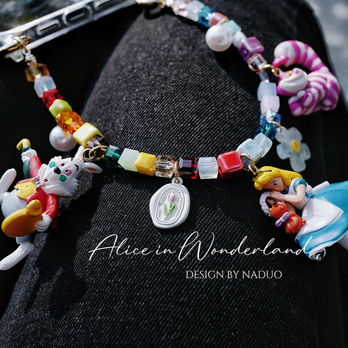 Nado Handmade Crystal Beaded Alice in Wonderland Cheshire Cat Versatile Phone Chain Keychain Bag Pendant Gift