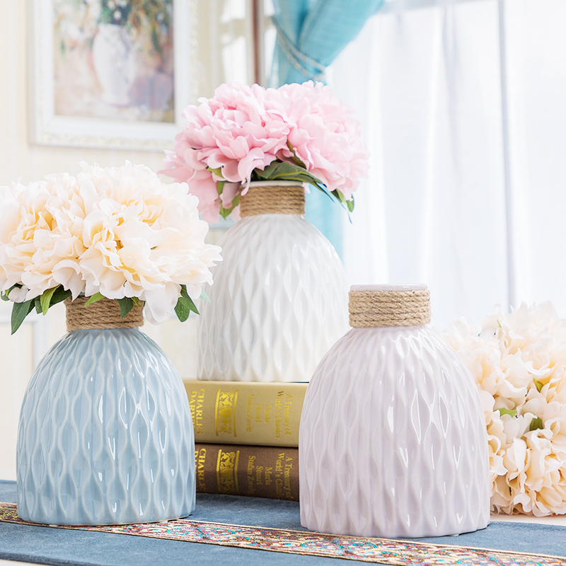 Glazed ceramic vase Wave pattern American retro craft fine mouth table flower arrangement Flower vase Nordic style creative ornaments