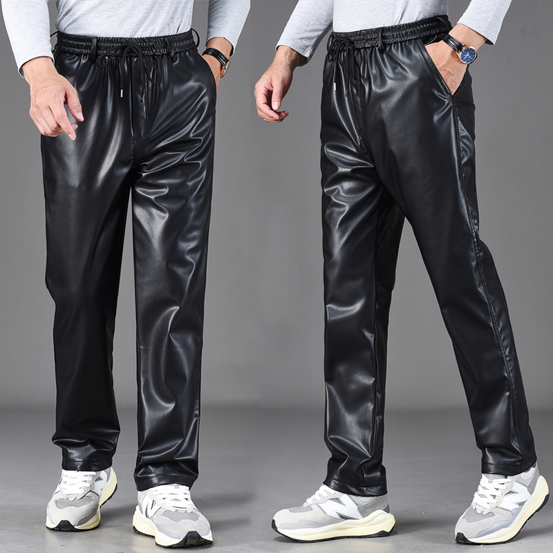 Elastic Waist Drawstring Leather Pants for Men, Fleece-Lined, Thickened, Waterproof, Windproof, Loose-Fitting, Suitable for Autumn and Winter, Men's Cycling and Mechanic Work Pants Elastic Waist Drawstring Leather Pants for Men, Fleece-Lined, Thickened, Waterproof, Windproof, Loose-Fitting, Suitable for Autumn and Winter, Men's Cycling and Mechanic Work Pants