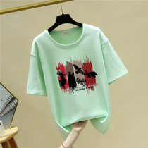 Plus Size Womens 200kg Fat MM Loose Slim Half Sleeve Top 200kg Cotton Round Neck Short Sleeve T-Shirt