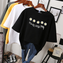 Plus-size womens cotton daisy short-sleeved T-shirt womens summer Korean version of loose fat mm cover meat was thin and age-reducing tops