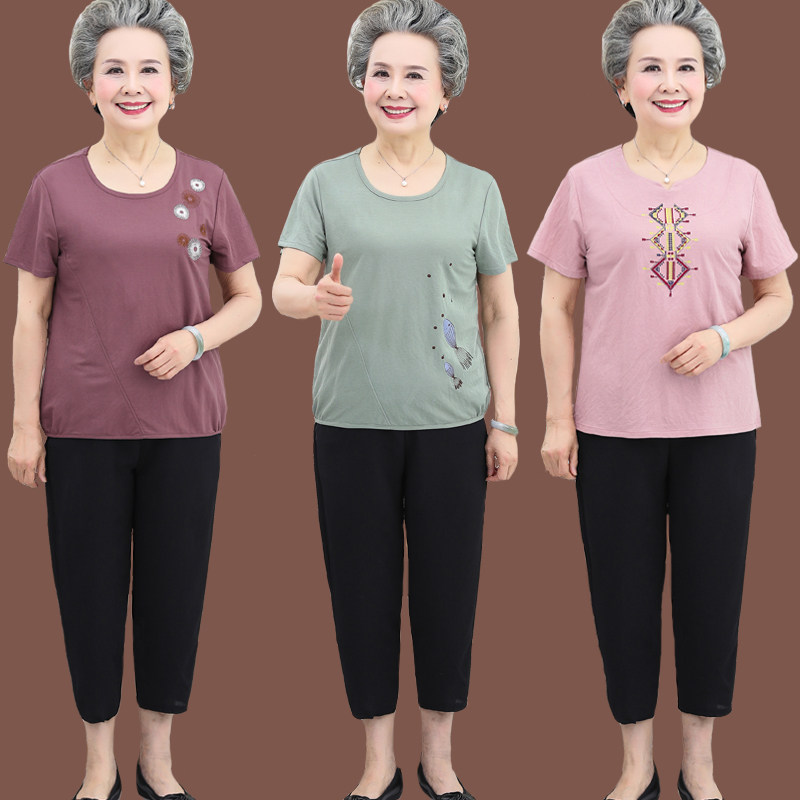 Mom loaded cotton short sleeve T-shirt suit for elderly woman in summer clothing elderly clothes Mrs. Grandma Two sets