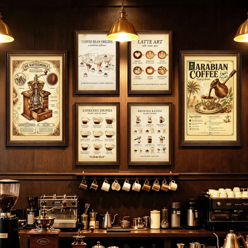 Vintage Coffee Shop Decorative Painting, Hand-Brewed Coffee Shop, Western Restaurant Wall Art, Coffee Knowledge and Culture Introduction Wall Mural Vintage Coffee Shop Decorative Painting, Hand-Brewed Coffee Shop, Western Restaurant Wall Art, Coffee Knowledge and Culture Introduction Wall Mural