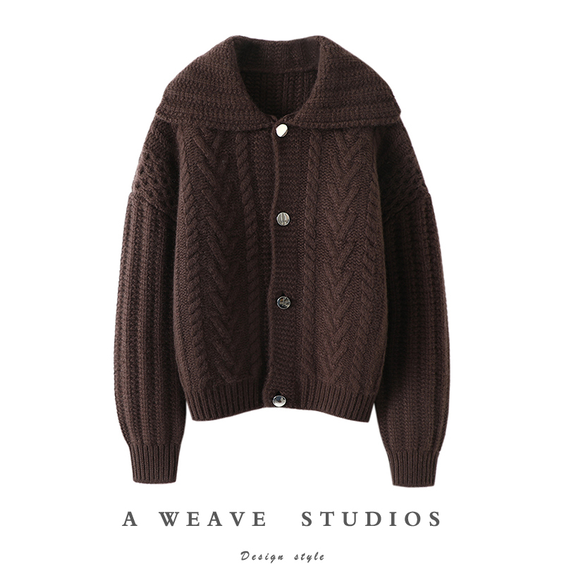 I Love It! Large Lapel Chunky Knit Cable Pattern Cashmere Sweater for Women, Pure Cashmere Knit Cardigan, Thick Winter Coat