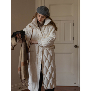 Dailyart白鸭绒羽绒服冬季绗线菱格纹中长款宽松廓形外套新年战袍