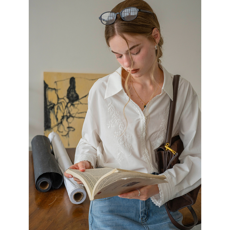 Rc-Dailyart "Paris Fragrance" Lyocell Cotton Blend Embroidered Drapey Textured Long-Sleeved Shirt Rc-Dailyart "Paris Fragrance" Lyocell Cotton Blend Embroidered Drapey Textured Long-Sleeved Shirt