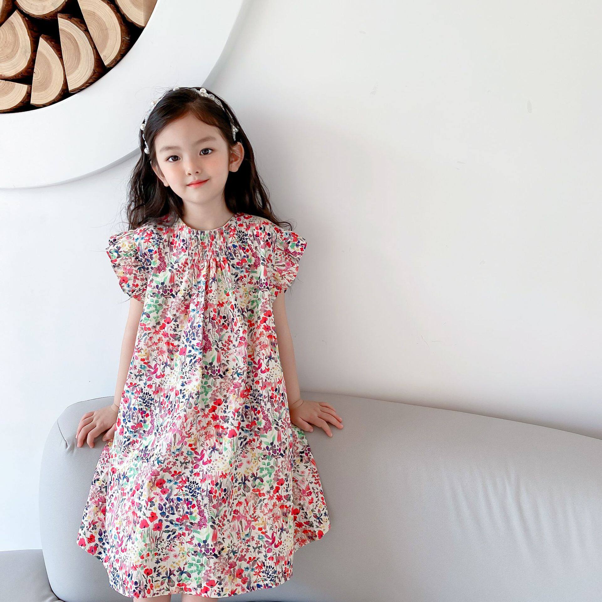 bp same girl water color crushed flower flying sleeves foreign dress children light and thin printed dresses 2021 spring and summer new products