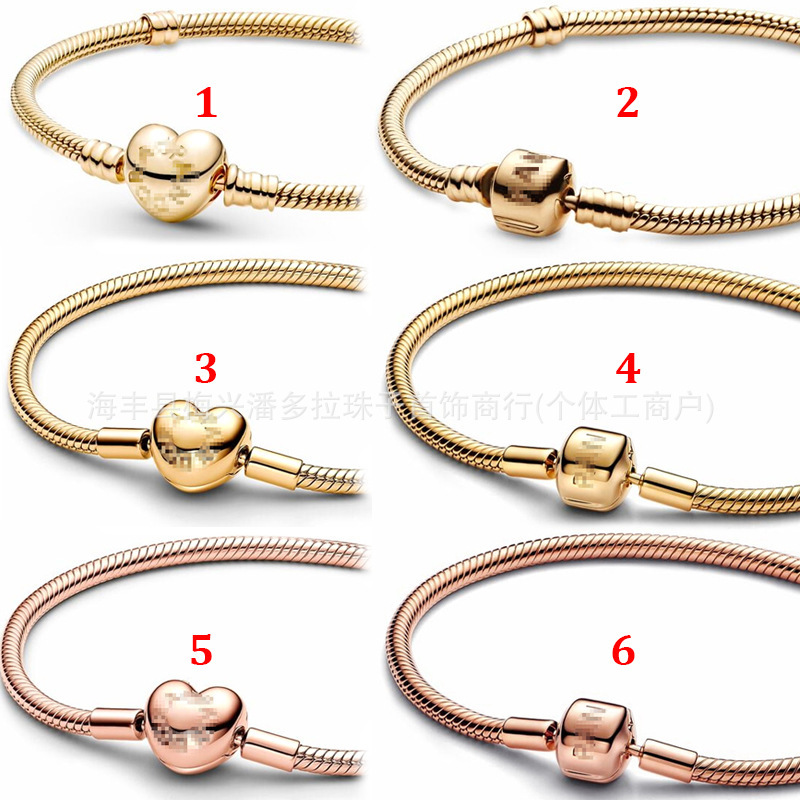 Panjia Duola S925 Sterling Silver Rose Gold Gold-Tone Heart Square Clasp Snake Chain Bracelet with Screw Thread Chain