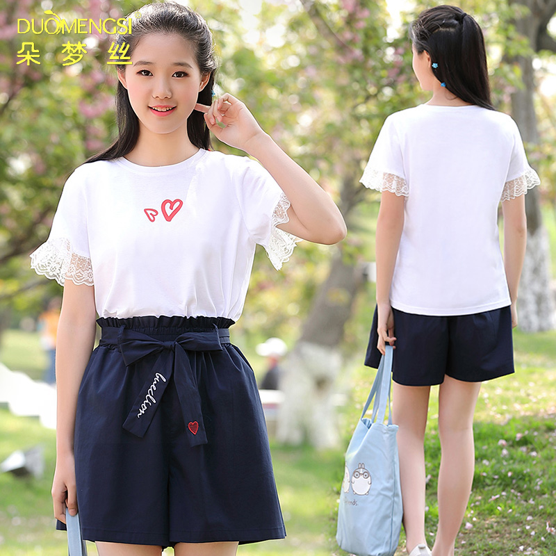 Junior high school students summer short-sleeved T-shirt girl cute shorts suit Korean version of the girl summer two-piece loose