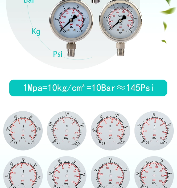 YN60BF thép không gỉ chống sốc đồng hồ đo áp suất áp suất nước áp suất dầu thủy lực 0-40Mpa chân không áp suất âm áp suất không khí máy đo khí argon