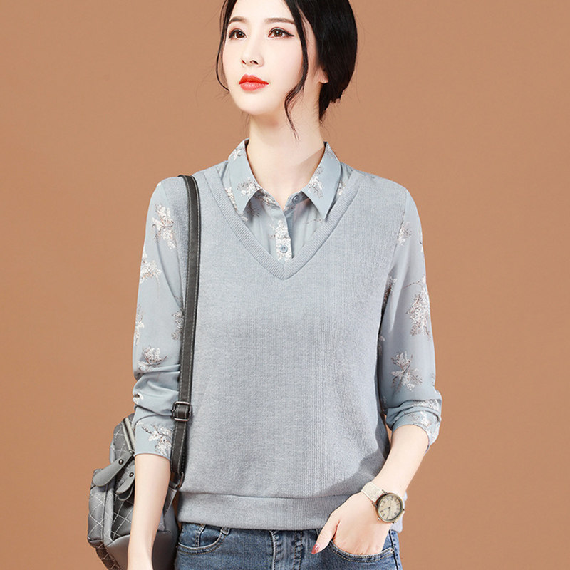 Mi Amaschmann polo collar Chiffon shirt women's stitching knitted 2021 spring new fake two-piece printed top