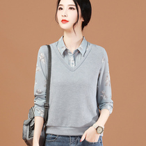Mi Amarschman polo collar chiffon shirt women stitching knit 2021 autumn new fake two-piece print top