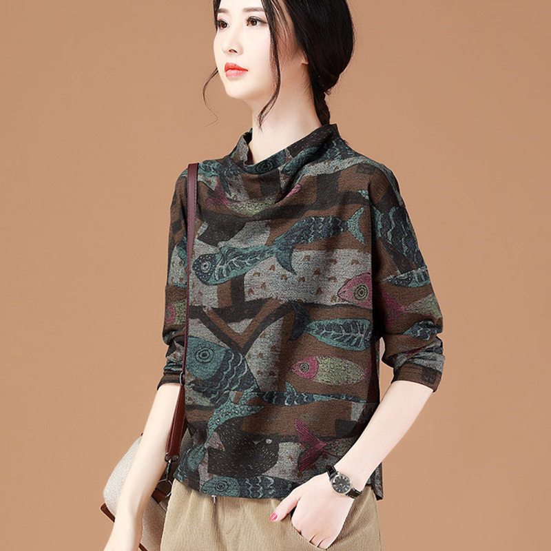 Miamaschmann long sleeve semi-high neckline printed T-shirt woman 2022 springtime retro loose high collar bottom-shirt