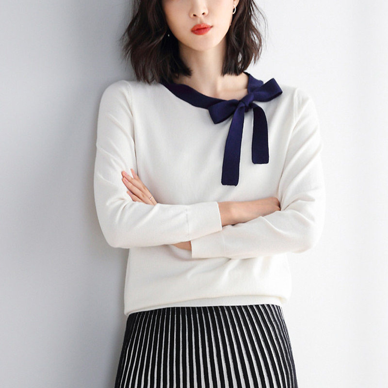 Miama Shiman flagship store official website lace-up long-sleeved knitted sweater women's loose bottoming pullover sweater top