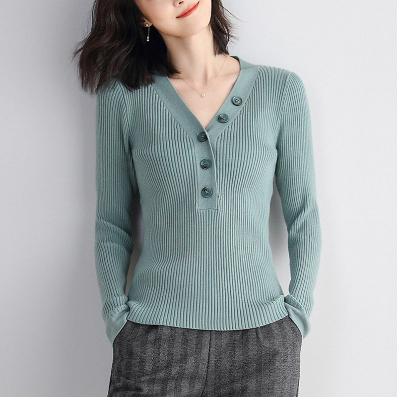 Miama Shiman 2022 autumn new women's clothing V-neck button long-sleeved knitted sweater slim pullover women's bottoming shirt