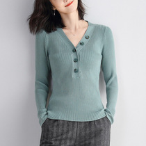 Mi Amaschman 2021 autumn new womens V-neck button long sleeve knitted sweater slim pullover womens base shirt