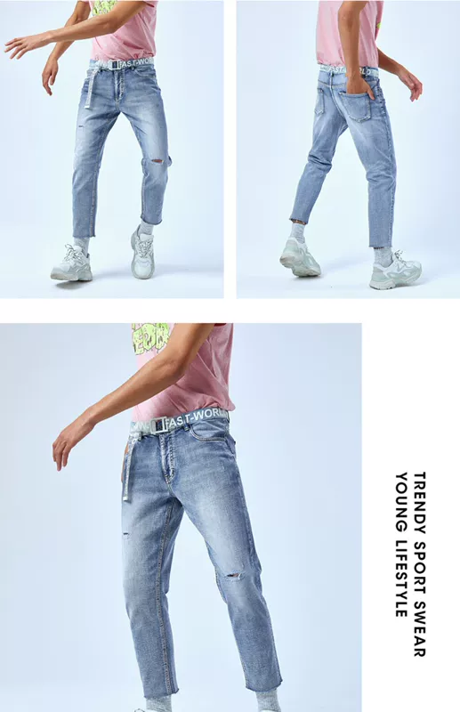 Quần denim đen lỗ cá chín quần nam mùa xuân và mùa thu nam retro mặc quần trắng thương hiệu thủy triều nam - Quần jean