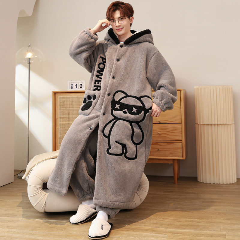 Coral Velvet Men's Nightgown, Winter Thickened and Fleece-Lined, Hooded, Cartoon, Warm, Mid-Length, Loose, Youth, Large Size Pajamas Coral Velvet Men's Nightgown, Winter Thickened and Fleece-Lined, Hooded, Cartoon, Warm, Mid-Length, Loose, Youth, Large Size Pajamas