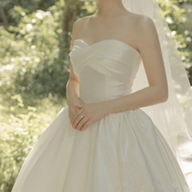 Bandeau satin main wedding dress 2021 spring and summer new bride light forest department super fairy dream simple dress temperament tail
