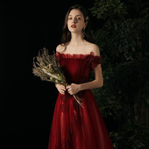 Toast dress female bride wine red long wedding word shoulder back door dress skirt banquet 2020 autumn and winter new
