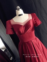 Bride wedding wine red v-neck satin long short sleeve thin toast dress party dress 2021 new