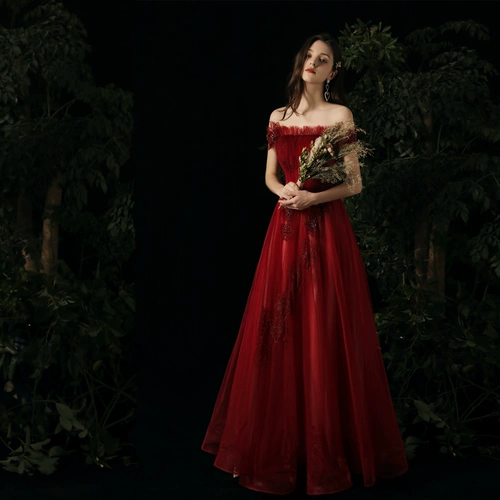 Бордовое длинное демисезонное вечернее платье для невесты, открытые плечи, 2020