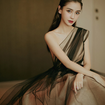 Yang Ying Angelbaby star with one shoulder long black dress female banquet party photo evening dress skirt