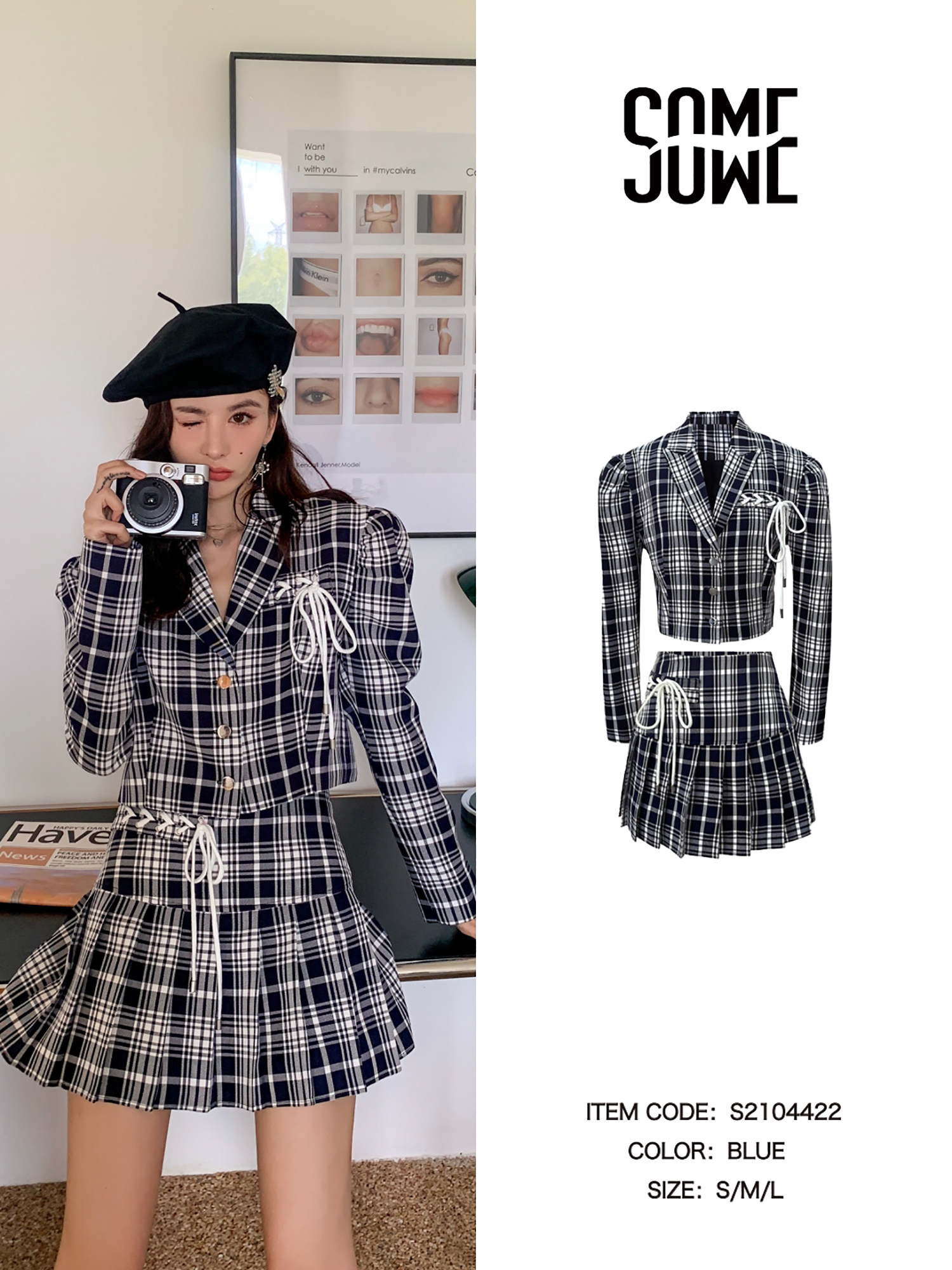 (Gao Qiuzi same style) SOMESOWE 2021 autumn new product knotted plaid suit suit