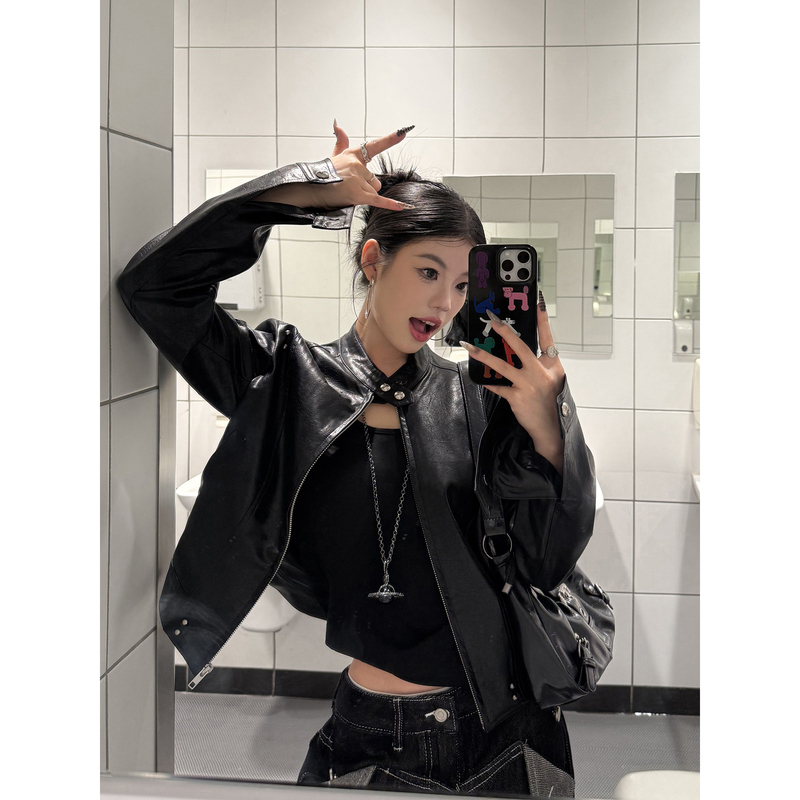 Koiisle American-Style Pu Leather Jacket, Short, in a Melange Color Scheme, Stylish Biker Harrington Jacket Koiisle American-Style Pu Leather Jacket, Short, in a Melange Color Scheme, Stylish Biker Harrington Jacket