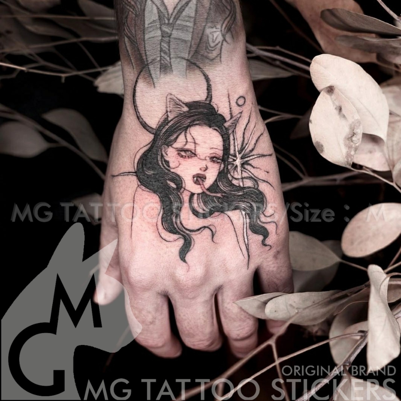 MG tattoo sticker INS Korean wind dark black meritocratic cat ear meme girl moonhand back hand waterproof tattoo sticker paper