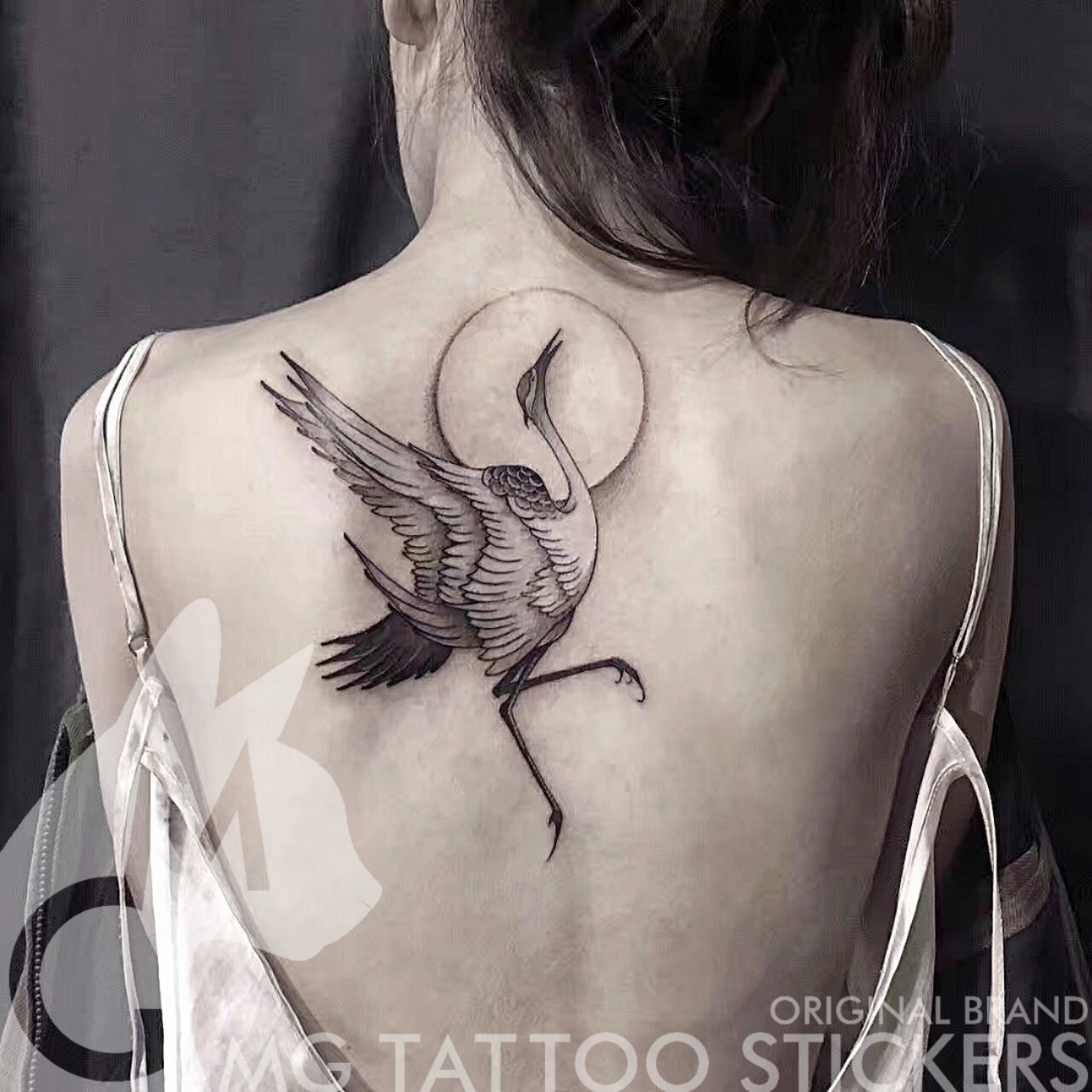 MG Tattoo with hand-painted TATTOO Xianhe Black Grey Realistic Materia Merino Crane Pattern Back Flower Arm Tattoo Sticker