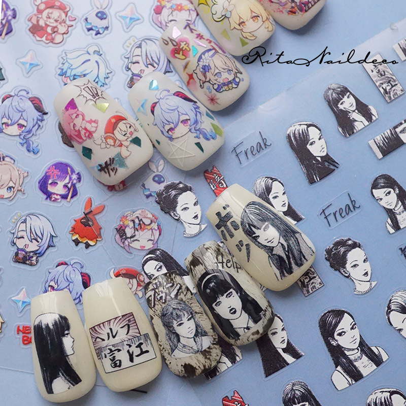 Rita 2D Animation Black and White Anime Nail Stickers Naruto Jujutsu Kaisen Tomie Dragon Ball Itasha Theme