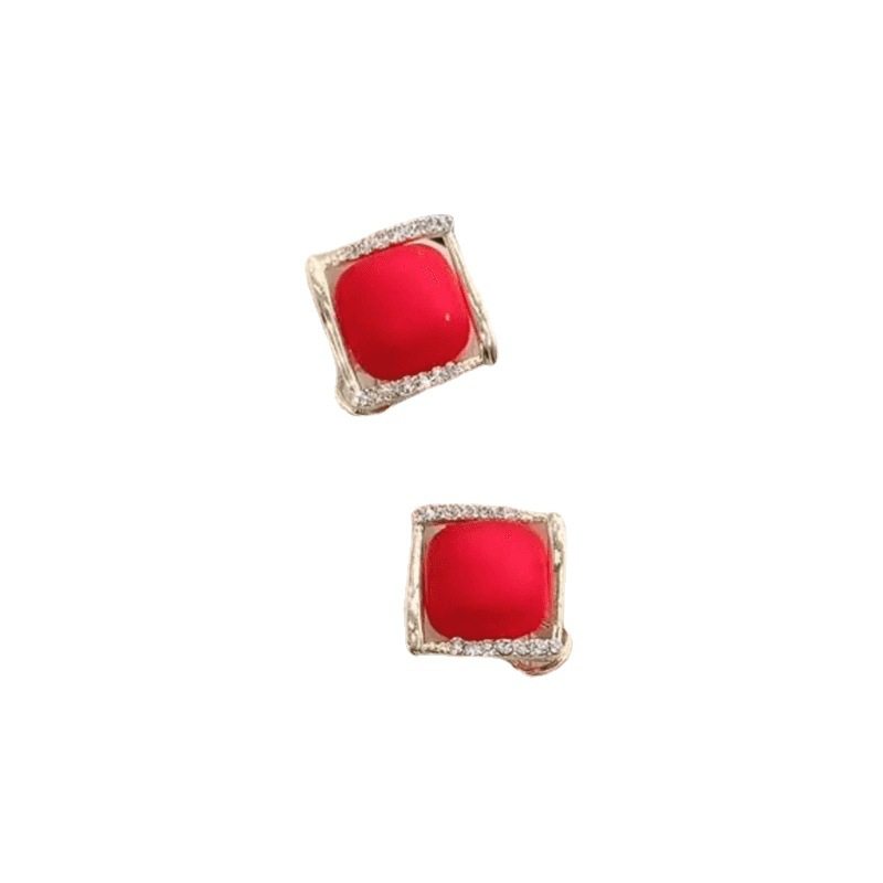 Japanese Premium New 925 Silver Needle Versatile Red Square Stud Earrings Autumn Personality Diamond-Studded Light Luxury High-End Earrings