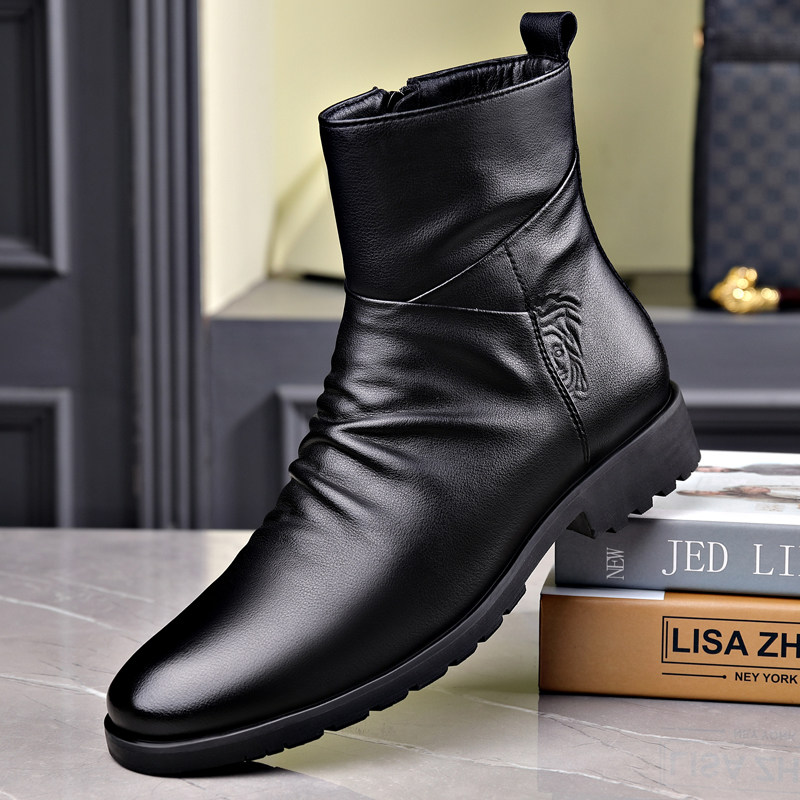 Winter plus velvet leather youth motorcycle boots zipper short tube Martin boots warm high-top men's cotton shoes Roman single boots