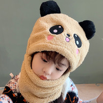 Childrens hat mens and womens autumn and winter kids thick bib pulle hat one piece cute cartoon baby plus fleece ear protector hat
