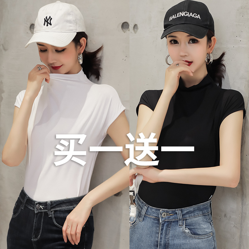 Half-height collar short sleeve t-shirt woman 2022 spring and summer new pure color upper clothes half sleeves tight and bottom-shirt-ins tide