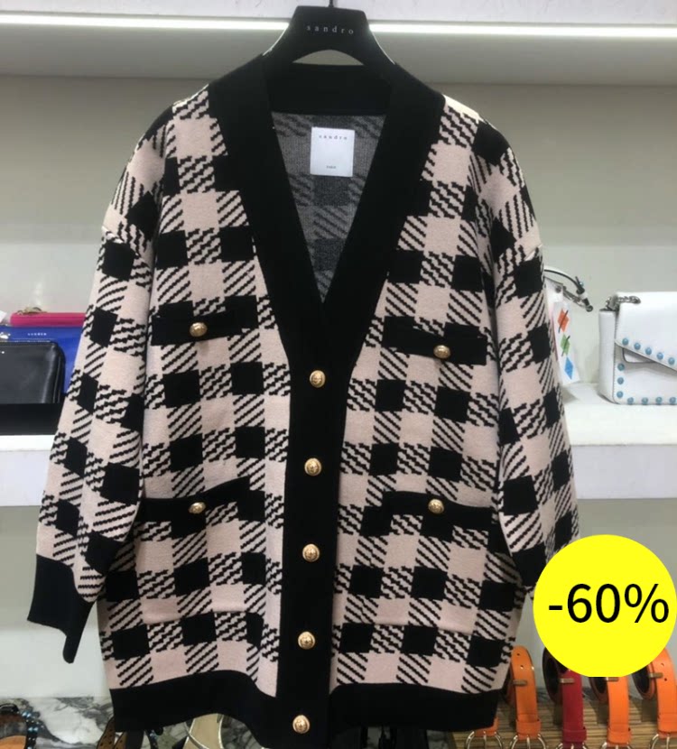 MAIZI Fadai SANDRO 19 autumn and winter casual contrast retro check knit cardigan jacket sfpca00068