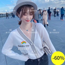 (Wheat) SANDRO 20 spring and summer academy wind striped edge knitted cardigan * CA00170