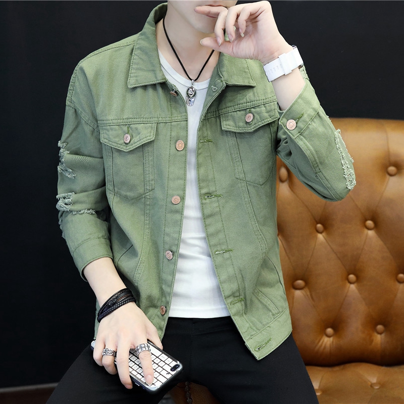 Teen Hàn Quốc phiên bản của quần áo lỗ mùa thu mỏng la đẹp trai áo khoác nam thời trang denim jacket nam giới.