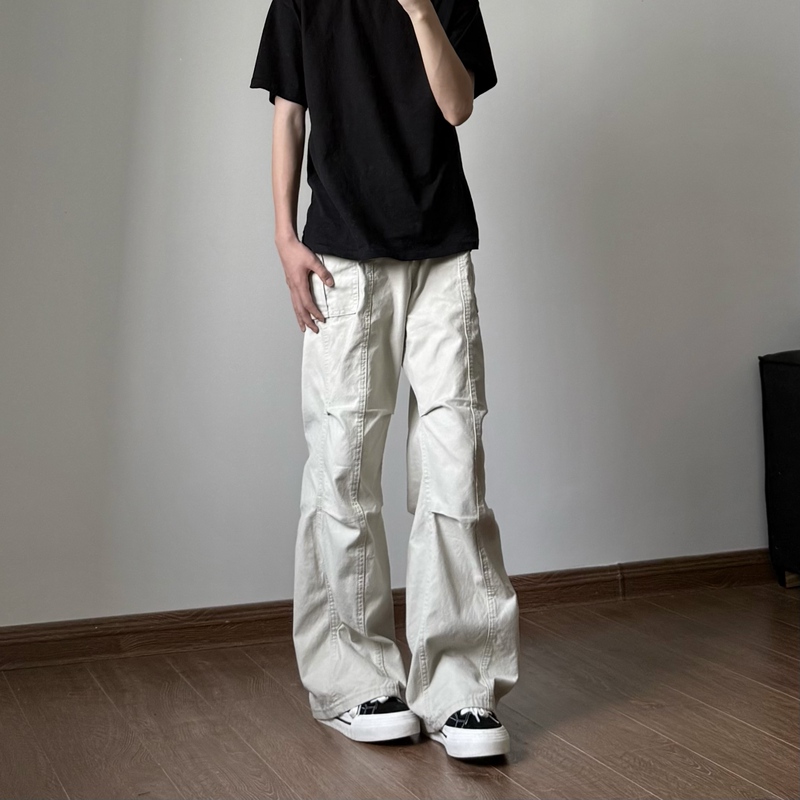 Aolly Spring American Retro Paratrooper Pleated Design Work Pants Unisex Loose Vibe Straight Casual Pants