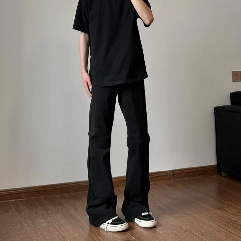 Aolly Spring Basic Black Brushed Slim Fit Flared Pants Simple Solid Color Casual Pants