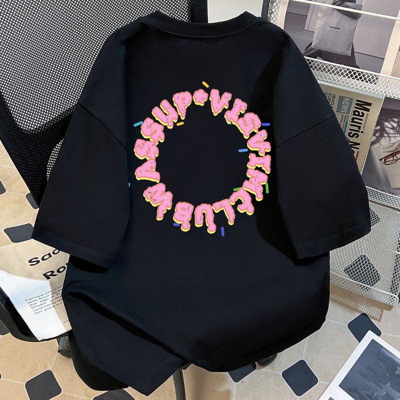 Wassup Donut Letter Print Round Neck Heavyweight Short-Sleeved T-Shirt for Boys and Girls Summer Loose Cotton T-Shirt