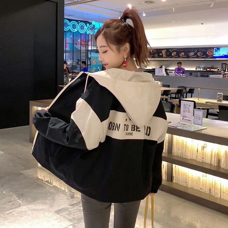 Spring and Autumn New Korean Style Loose Plus-Size Bf Student Ins Harajuku Hooded Casual Windbreaker Jacket Women's Baseball Jacket Trendy