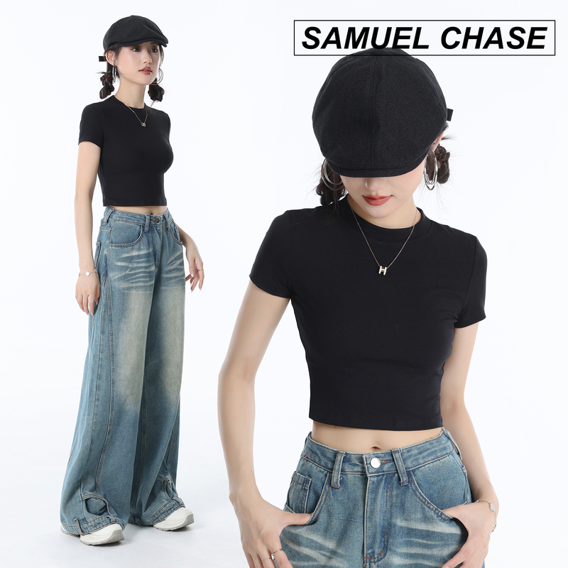 Black Crop Top, Ultra-Short, Slim-Fitting, Hot Girl Style, Short-Sleeved, High-Waisted, Belly-Baring, Inner Layer, Regular Shoulder, Base Shirt, T-Shirt for Women