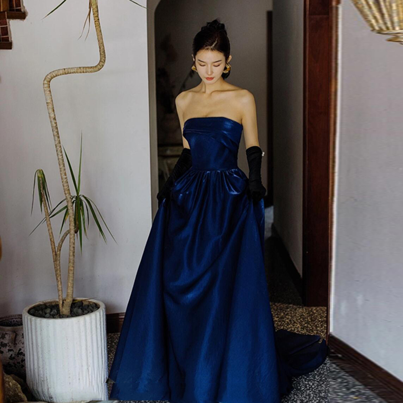 Strapless Blue Evening Dress, Light Luxury Niche Style, Annual Meeting Host, Art Exam Dress, High-End Banquet, Birthday, French-Style Dress for Women