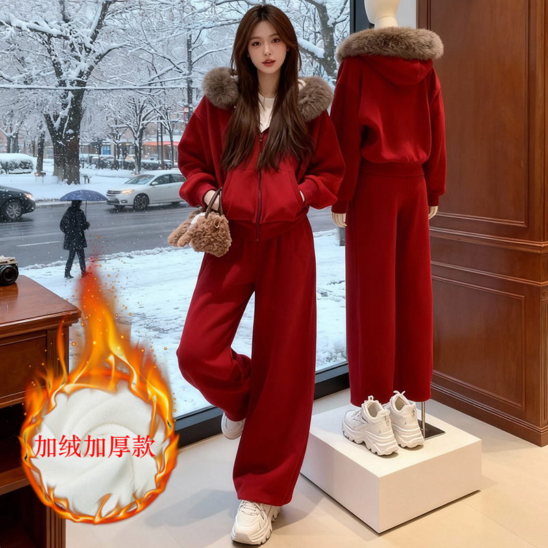 Very Nice-Looking Christmas and New Year Red Casual Sports Suit for Women, Autumn and Winter Fleece-Lined Fur Collar Hooded Sweatshirt Two-Piece Set