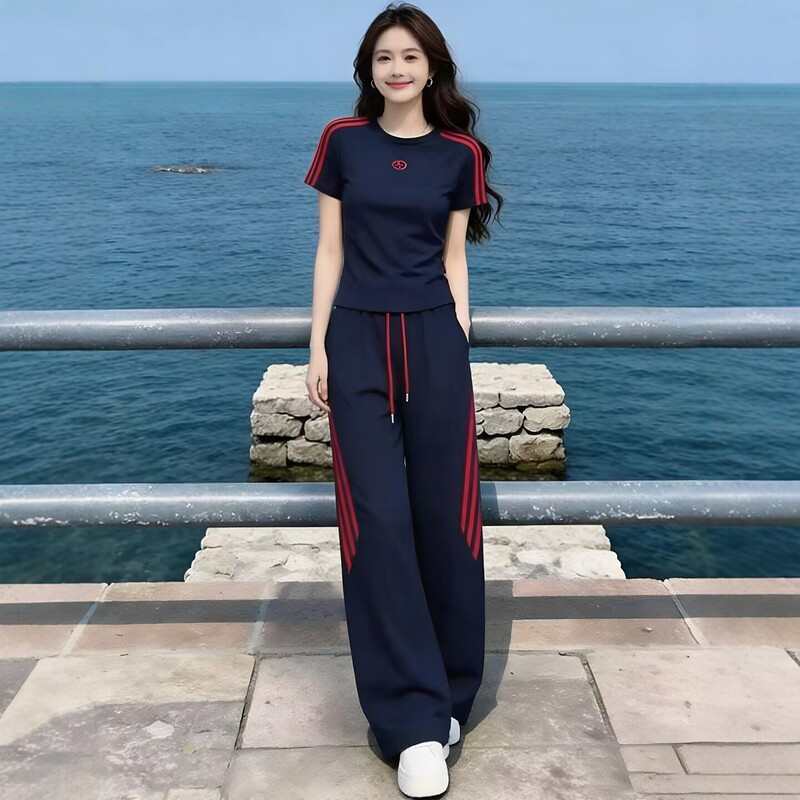 Stylish and Casual Women's Summer Outfit 2026 New Unique and Beautiful Color-Blocked Short-Sleeve Wide-Leg Pants Two-Piece Set Stylish and Casual Women's Summer Outfit 2026 New Unique and Beautiful Color-Blocked Short-Sleeve Wide-Leg Pants Two-Piece Set