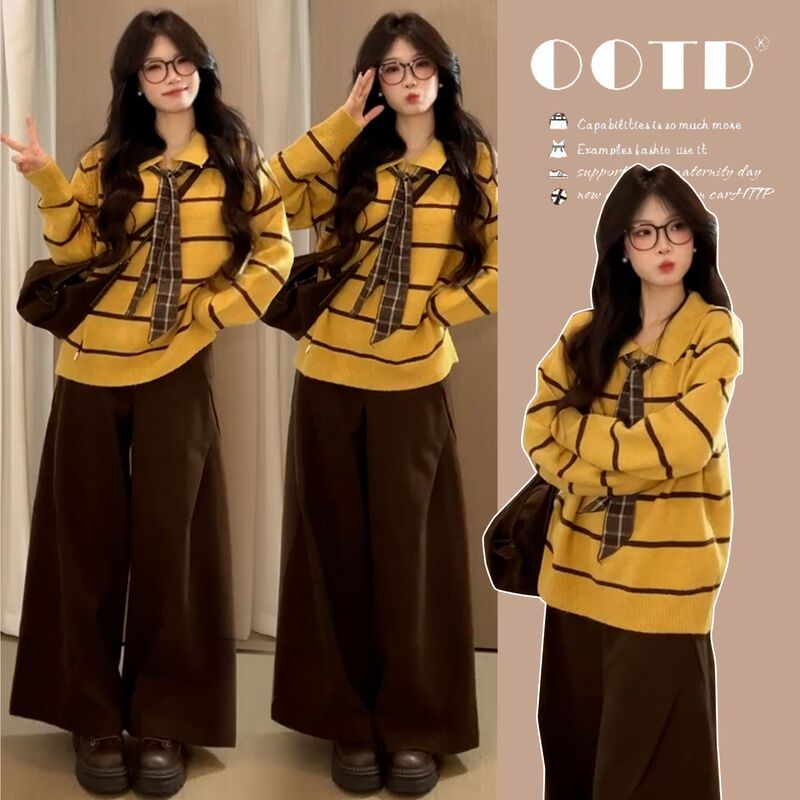 Maternity Suit 2026 Autumn and Winter College Style Striped Knit Set for Pregnant Women, Yellow Sweater and Wide-Leg Pants Two-Piece Set Maternity Suit 2026 Autumn and Winter College Style Striped Knit Set for Pregnant Women, Yellow Sweater and Wide-Leg Pants Two-Piece Set
